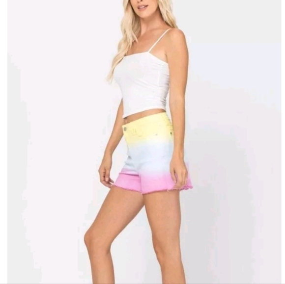 Judy Blue Pastel Ombre Rainbow Raw Hem Shorts Size M - Picture 13 of 13
